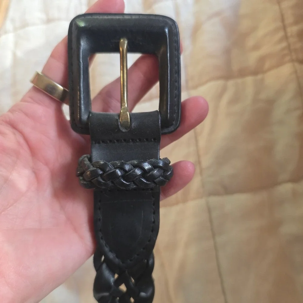 Talbots Braided Leather Belt Womens XL Black Woven Square Buckle Turkey